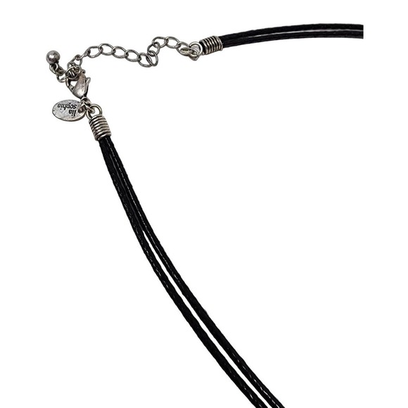 Lia Sophia- Black Rope Necklace -Antiqued Silver, Flower and Crystals (16" -19") - Picture 2 of 8